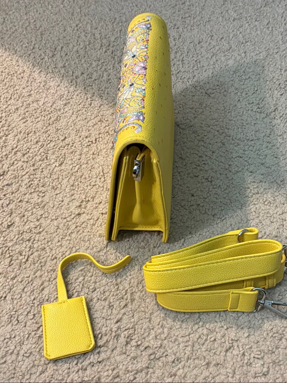 Yellow Embellished Crossbody Bag with Detachable Strap - Picture 3 of 5